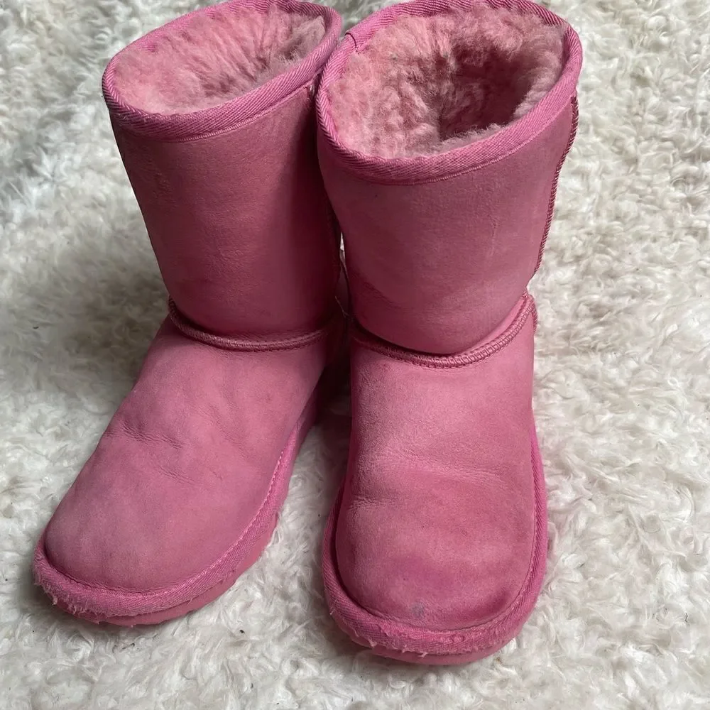 UGG Girl's Classic II Glitz pink leather suede Wool Lined Pull-On Boots SZ5